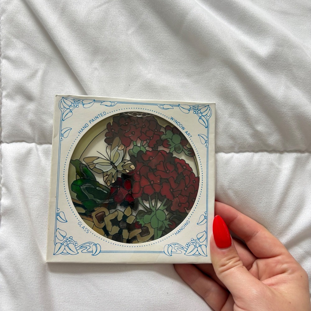 VTG Joan‎ Baker Hand Painted Stain Glass Window Art Suncatcher Butterfly Flower